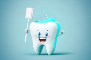 笑顔の表情が描かれた歯のイラストが歯ブラシを持っている