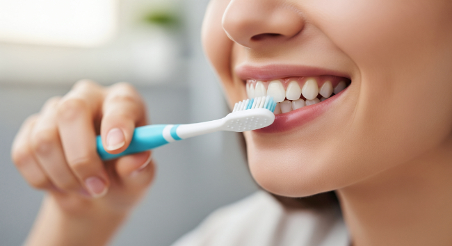 歯を削った後にやさしく歯磨きをする様子