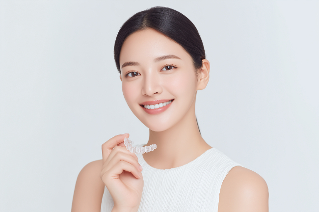 マウスピースを持つ矯正中の女性