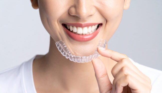 歯ぎしりの治療でインビザライン矯正をしている女性