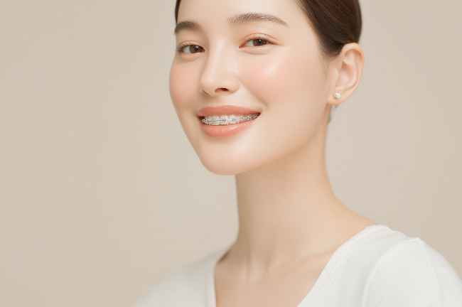 笑顔を見せるワイヤー矯正中の女性