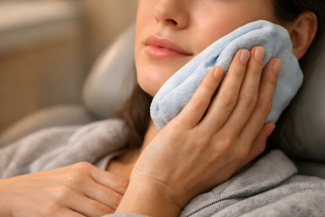 親知らず周辺が腫れて患部を冷やす様子