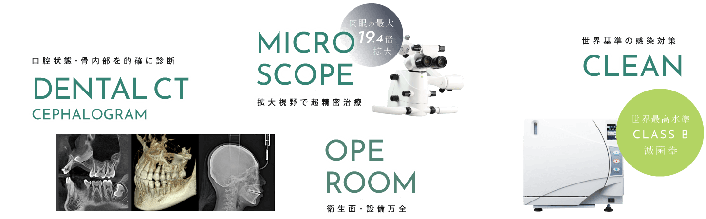 口腔状態・骨内部を的確に診断「歯科用CT」、拡大視野で超精密治療「マイクロスコープ」、衛生面・設備万全「オペルーム」、世界基準の感染対策「世界最高水準CLASS B滅菌器」