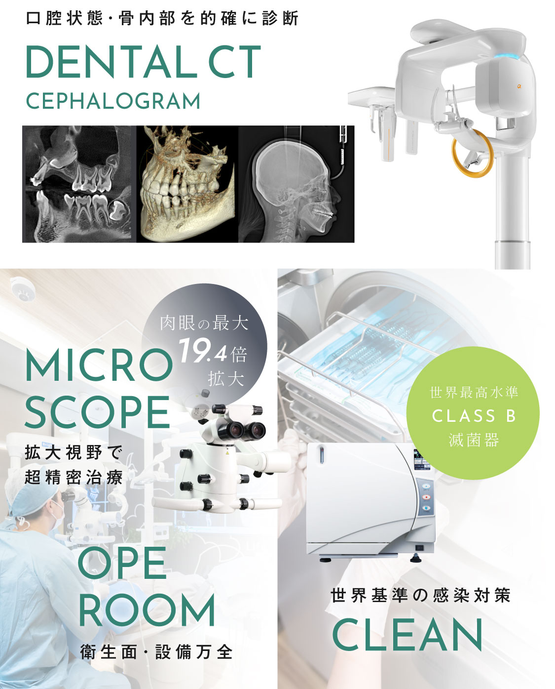 口腔状態・骨内部を的確に診断「歯科用CT」、拡大視野で超精密治療「マイクロスコープ」、衛生面・設備万全「オペルーム」、世界基準の感染対策「世界最高水準CLASS B滅菌器」